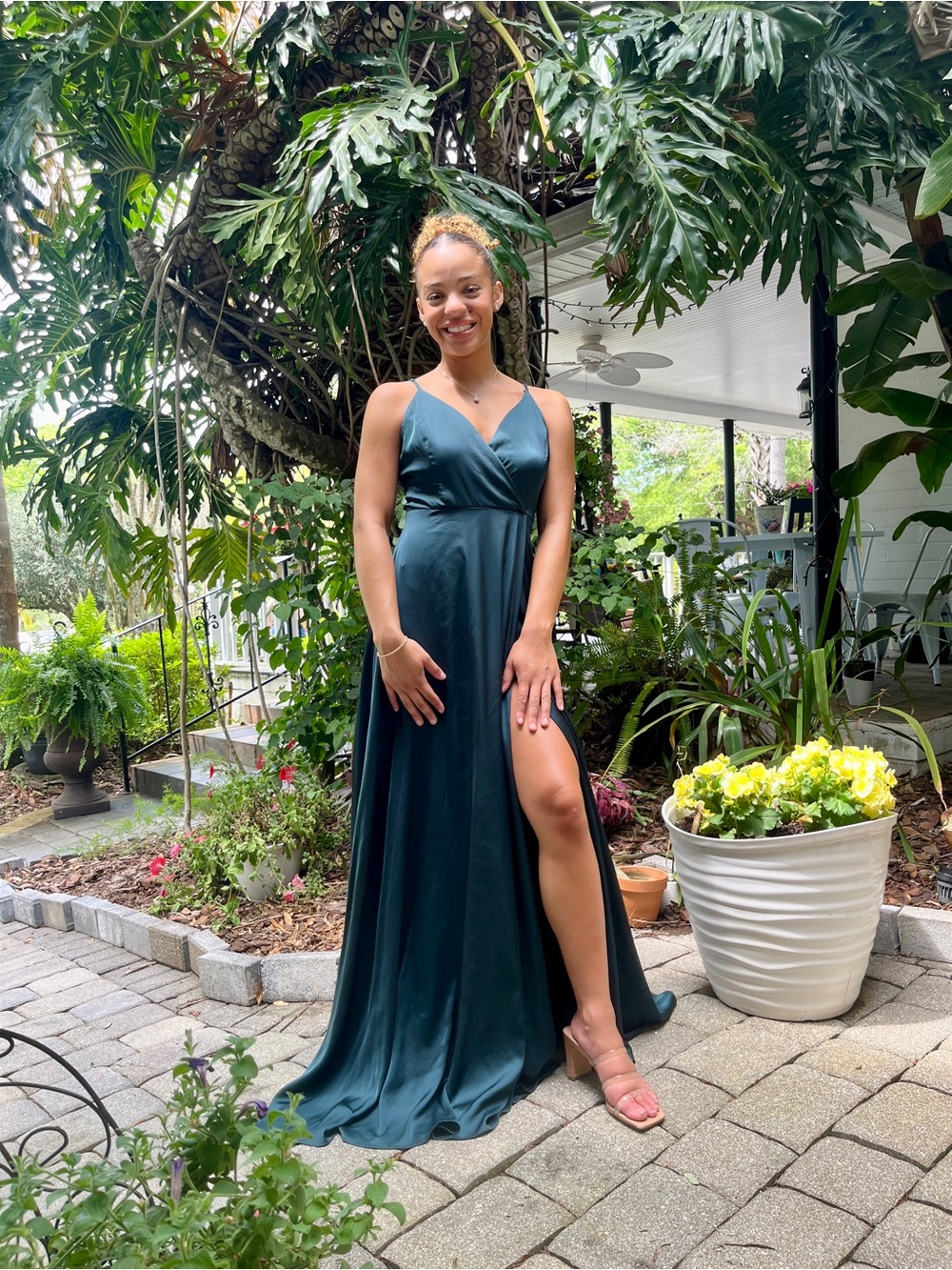 Emerald V-Neck Satin Evening Gown with Thigh Slit